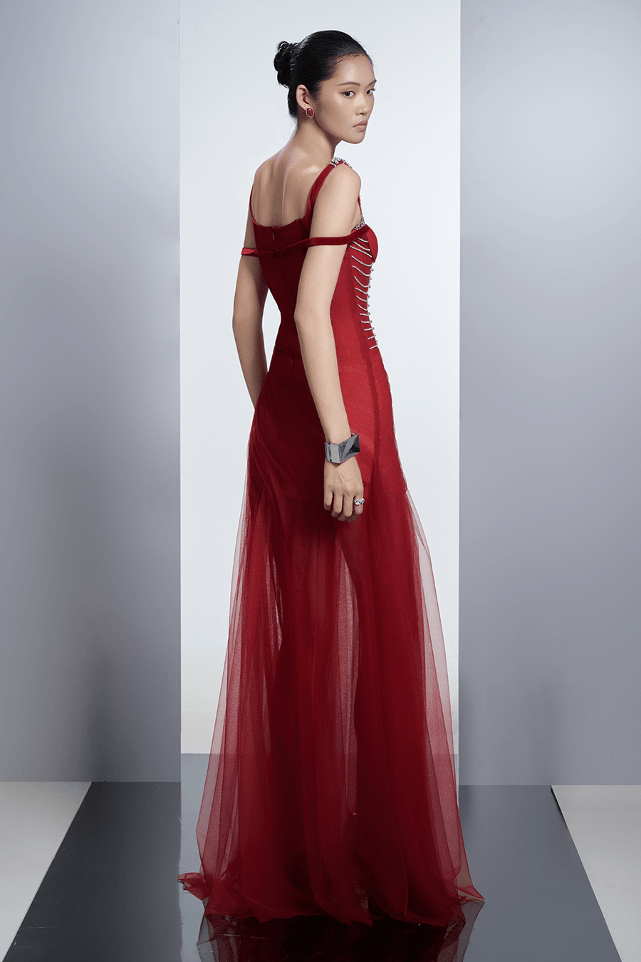 Aureate Drop Waist Semi-Heart Neck Polyester Floor Length Dress 3