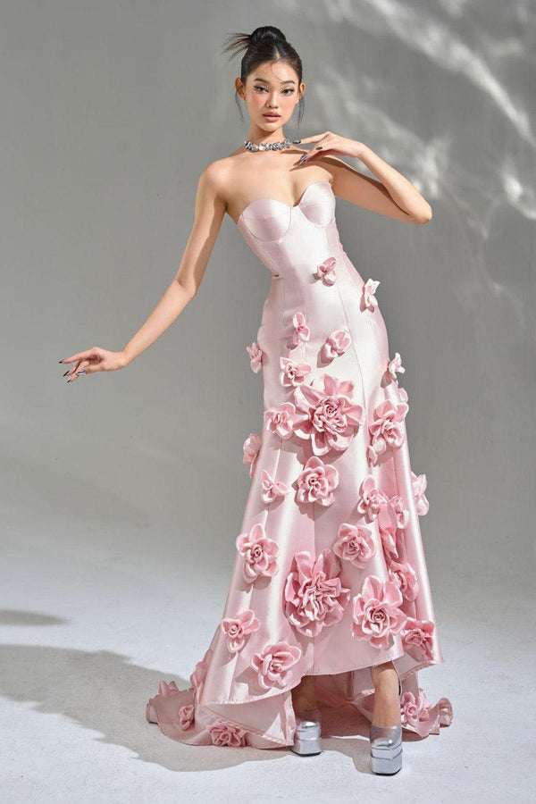 La Fleur Asymmetric Sweetheart Neck Taffeta Maxi Dress