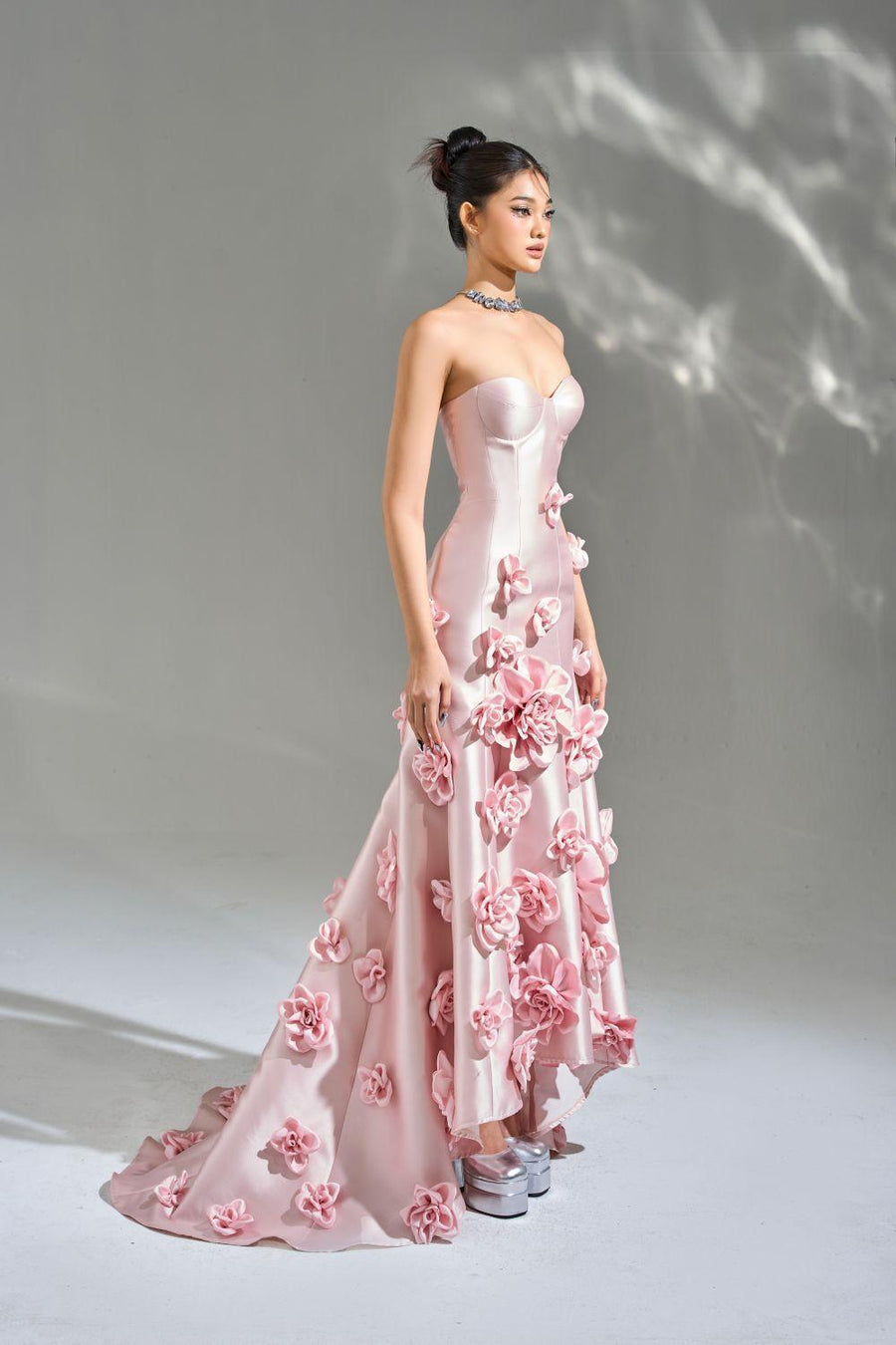 La Fleur Asymmetric Sweetheart Neck Taffeta Maxi Dress 4