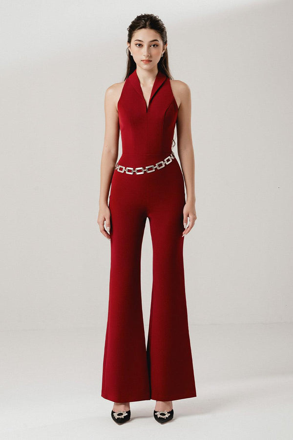 Lady Flared V-Neck Interlock Ankle Length Jumpsuit