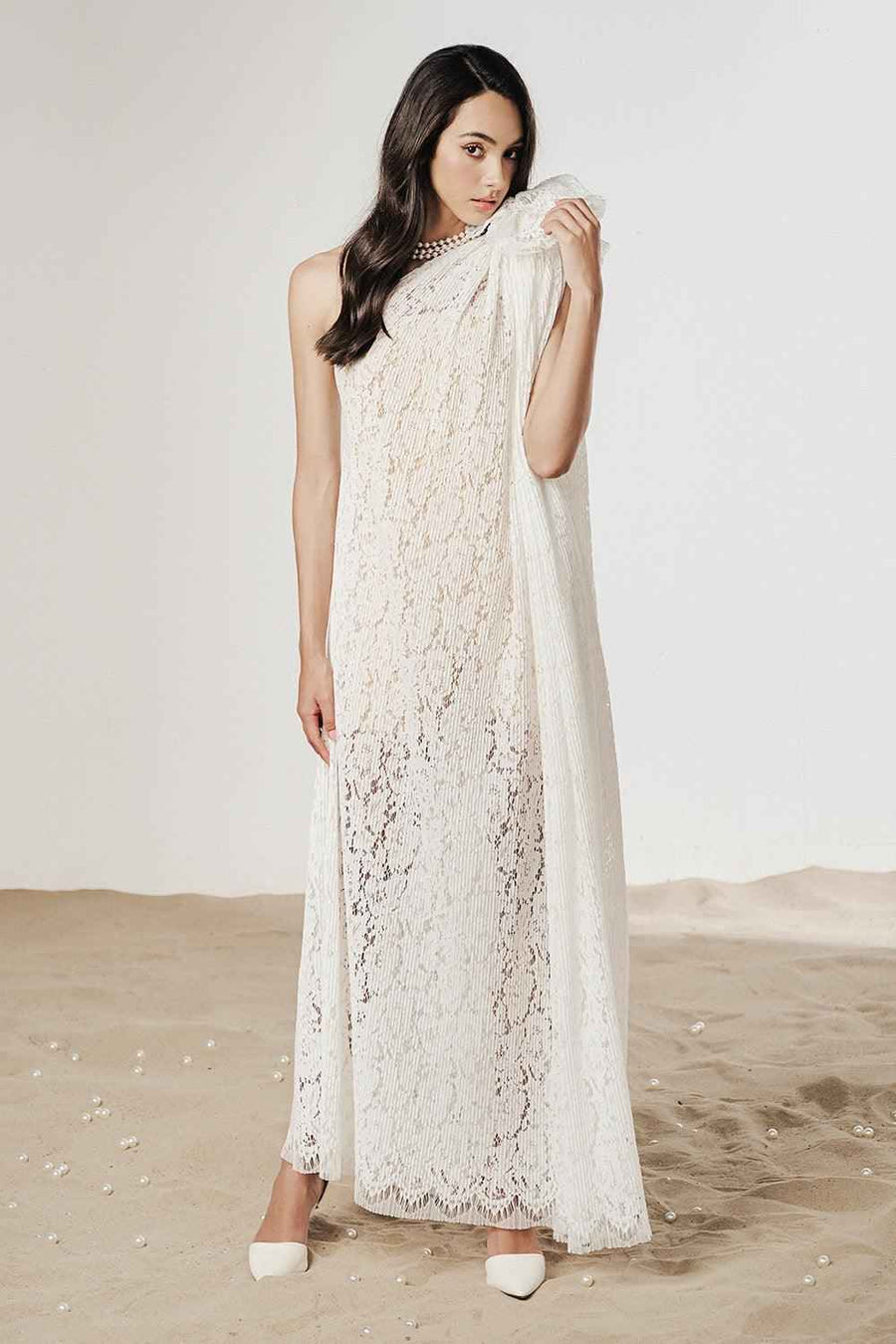 Lady Straight One Shoulder Lace Maxi Dress White Maxi Dress FAIR LADY