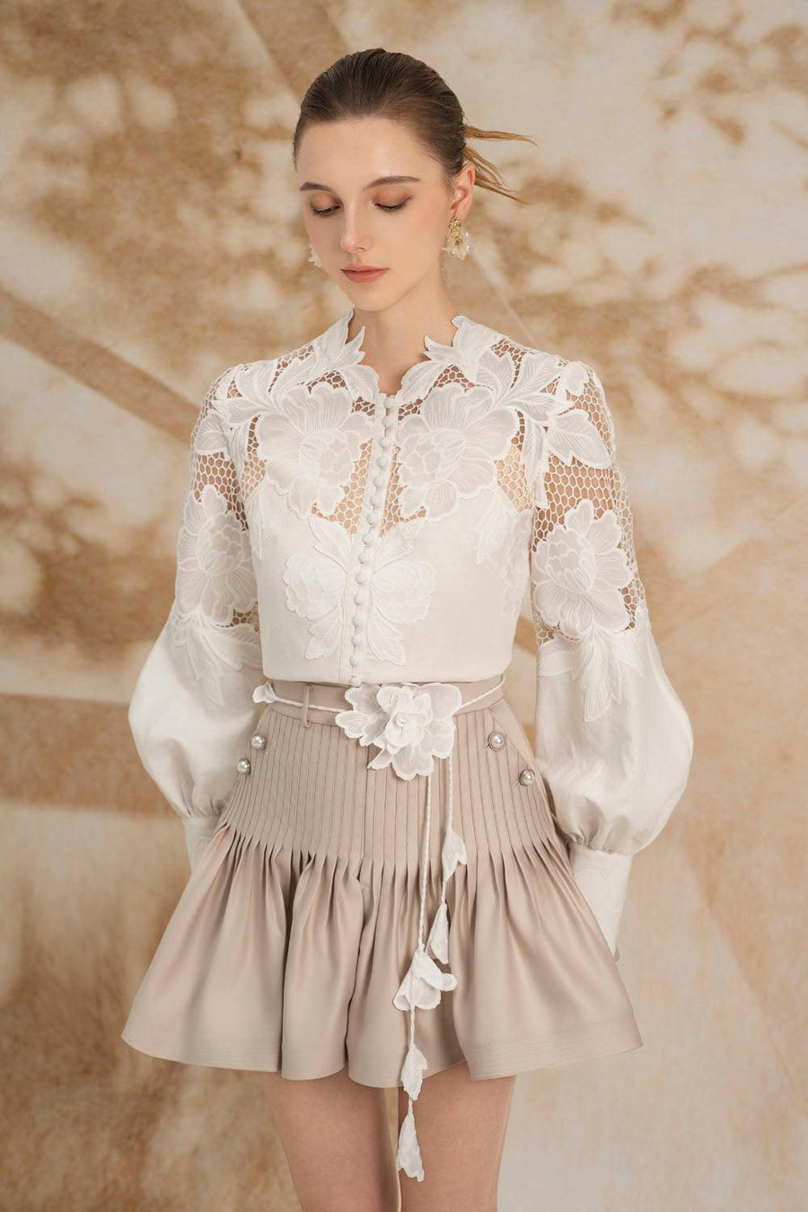 Laetitia Drop Waist Puffy Sleeved Silk Lace Mini Set 2