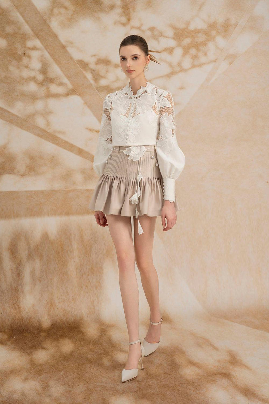 Laetitia Drop Waist Puffy Sleeved Silk Lace Mini Set 4