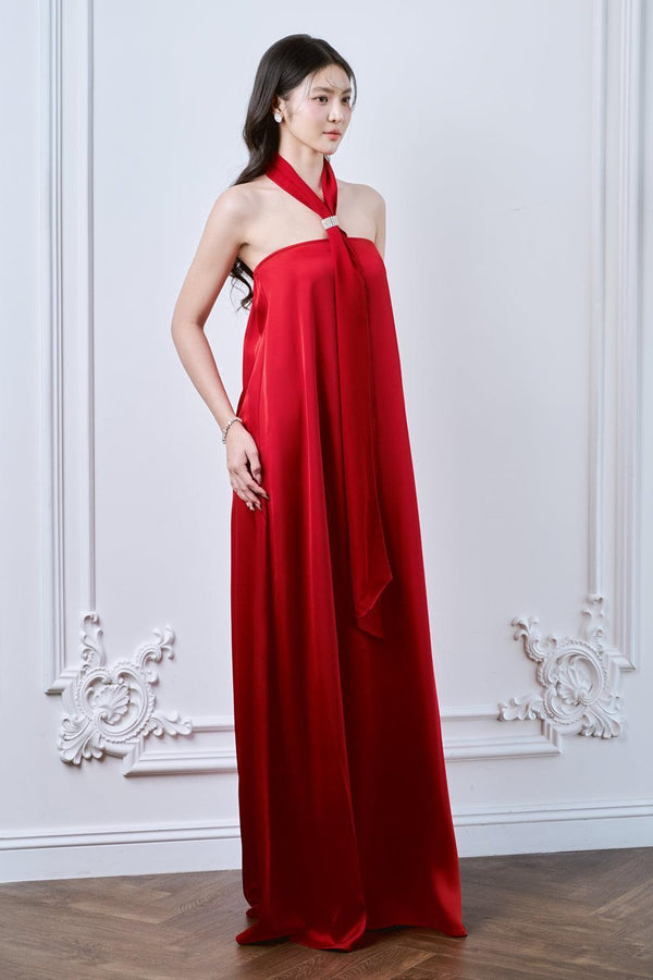 Lalani Halter Tie Neck Mulberry Silk Floor Length Dress