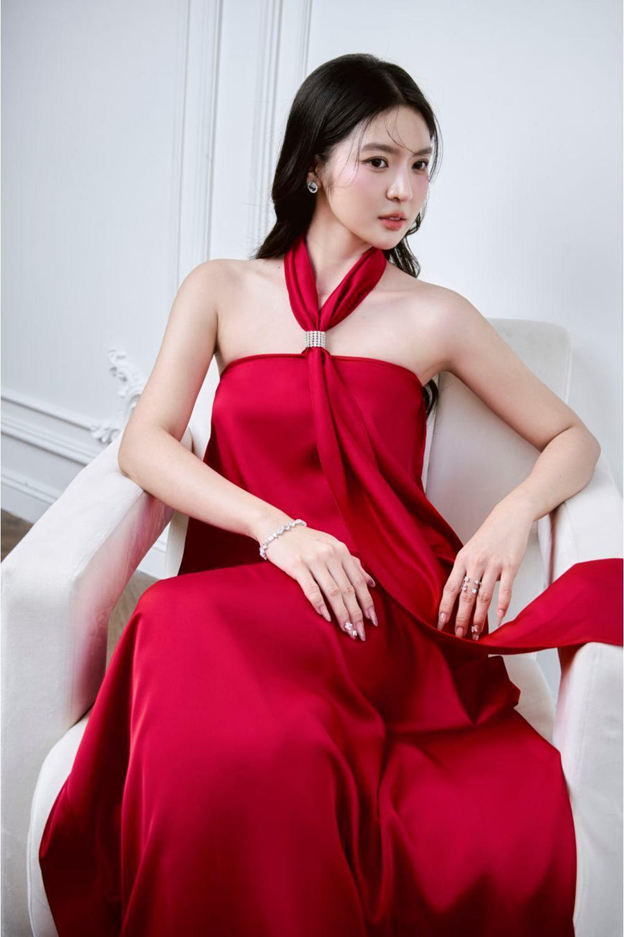 Lalani Halter Tie Neck Mulberry Silk Floor Length Dress Red Maxi Dress Larmes