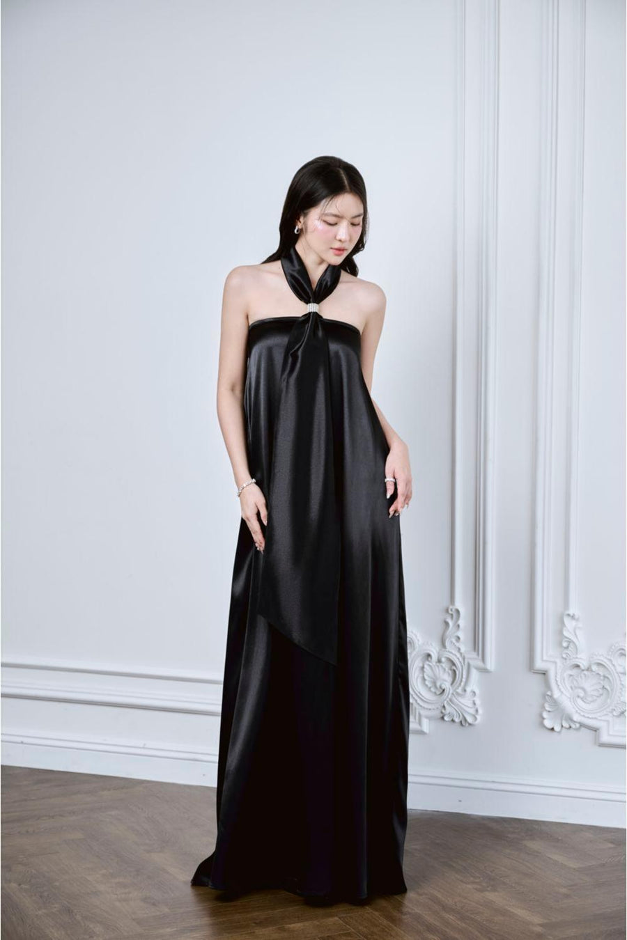 Lalani Halter Tie Neck Mulberry Silk Floor Length Dress Black Maxi Dress Larmes