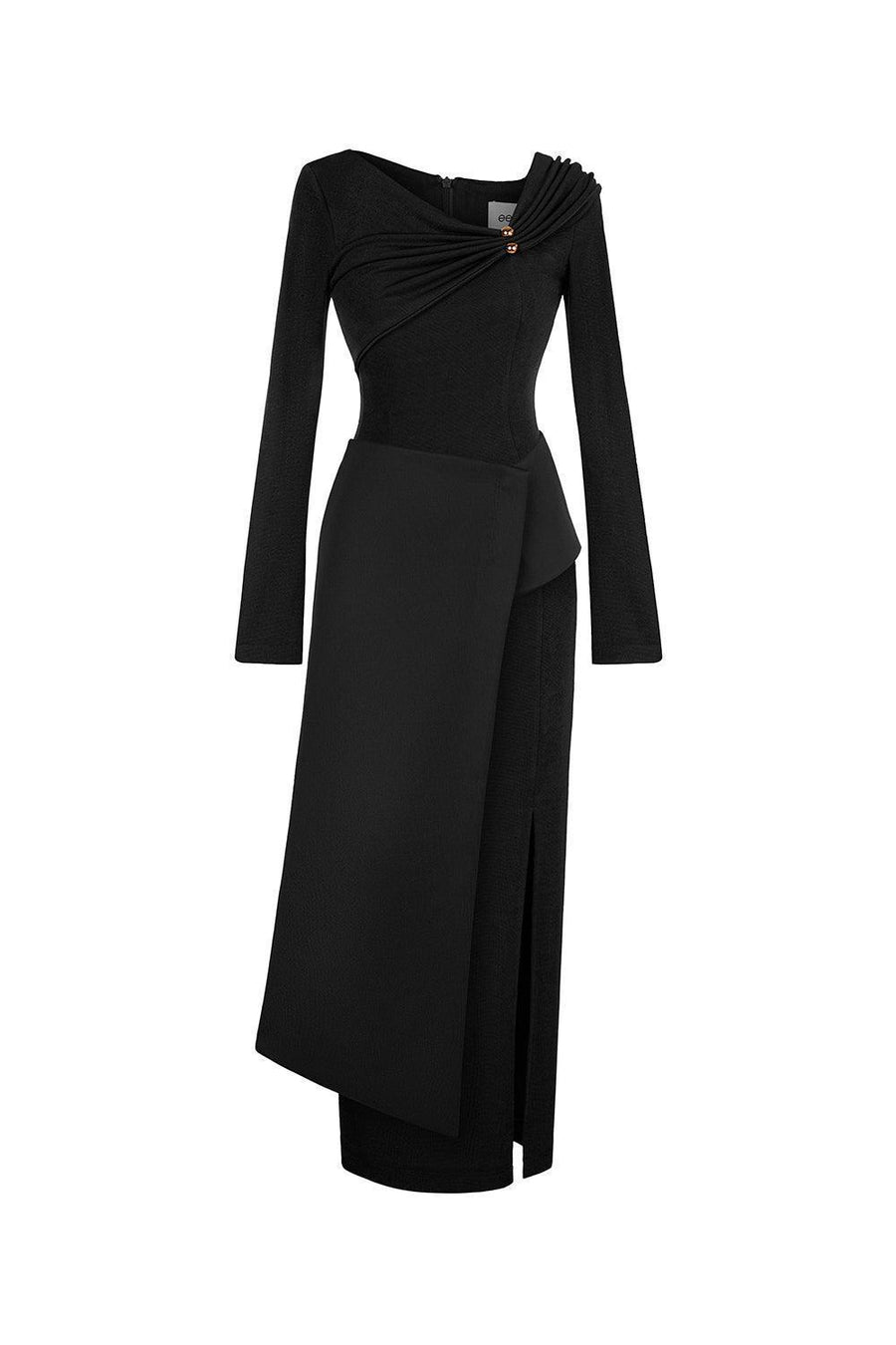 Laly Sheath Extended Flap Spandex Taffeta Ankle Length Dress Black Maxi Dress Eegen Studio