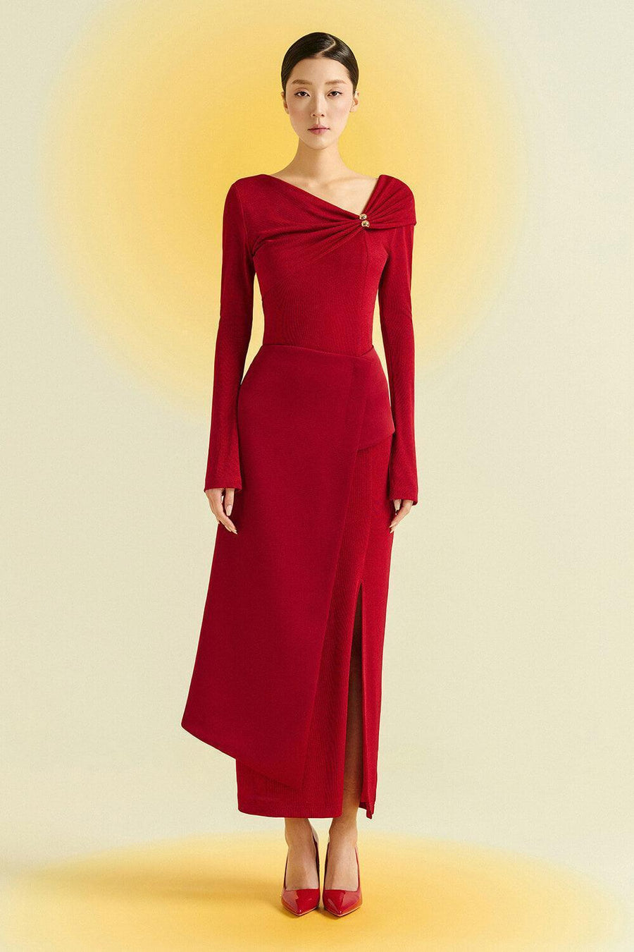 Laly Sheath Extended Flap Spandex Taffeta Ankle Length Dress Red Maxi Dress Eegen Studio