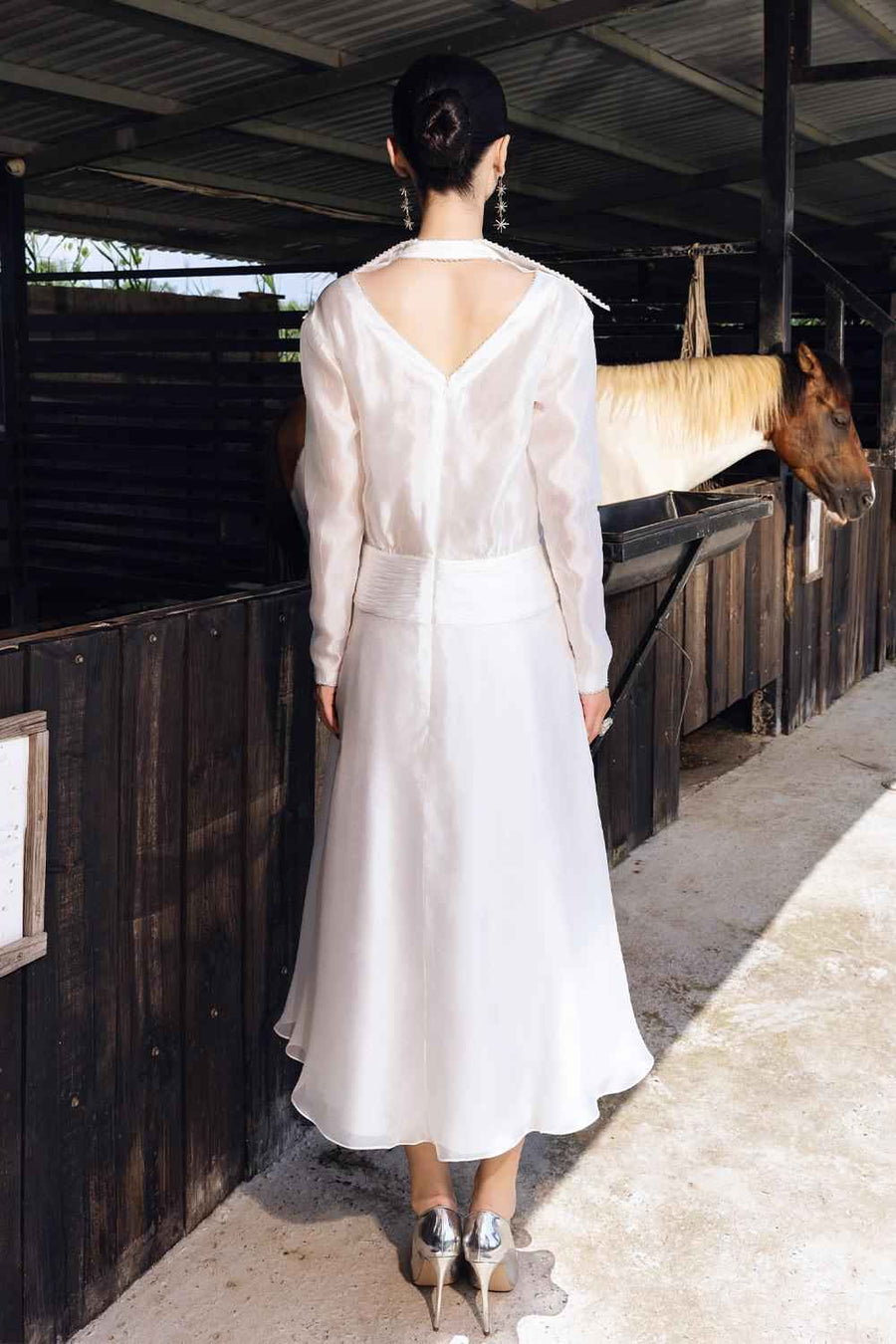 Lana Drop Waist Plunge Neck Organza Midi Dress