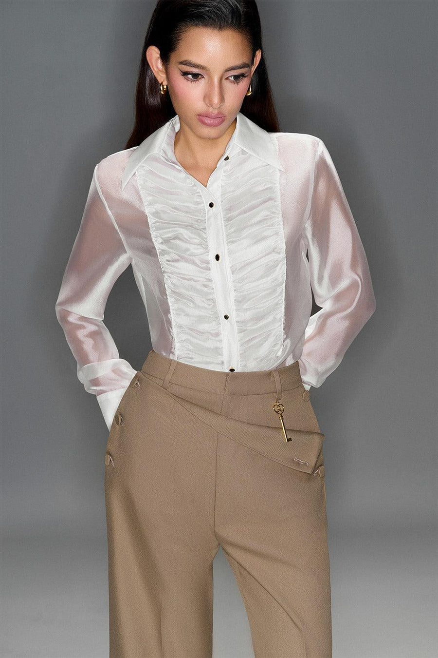 Lana Straight Gathered Chiffon Shirt White Shirt LaLING