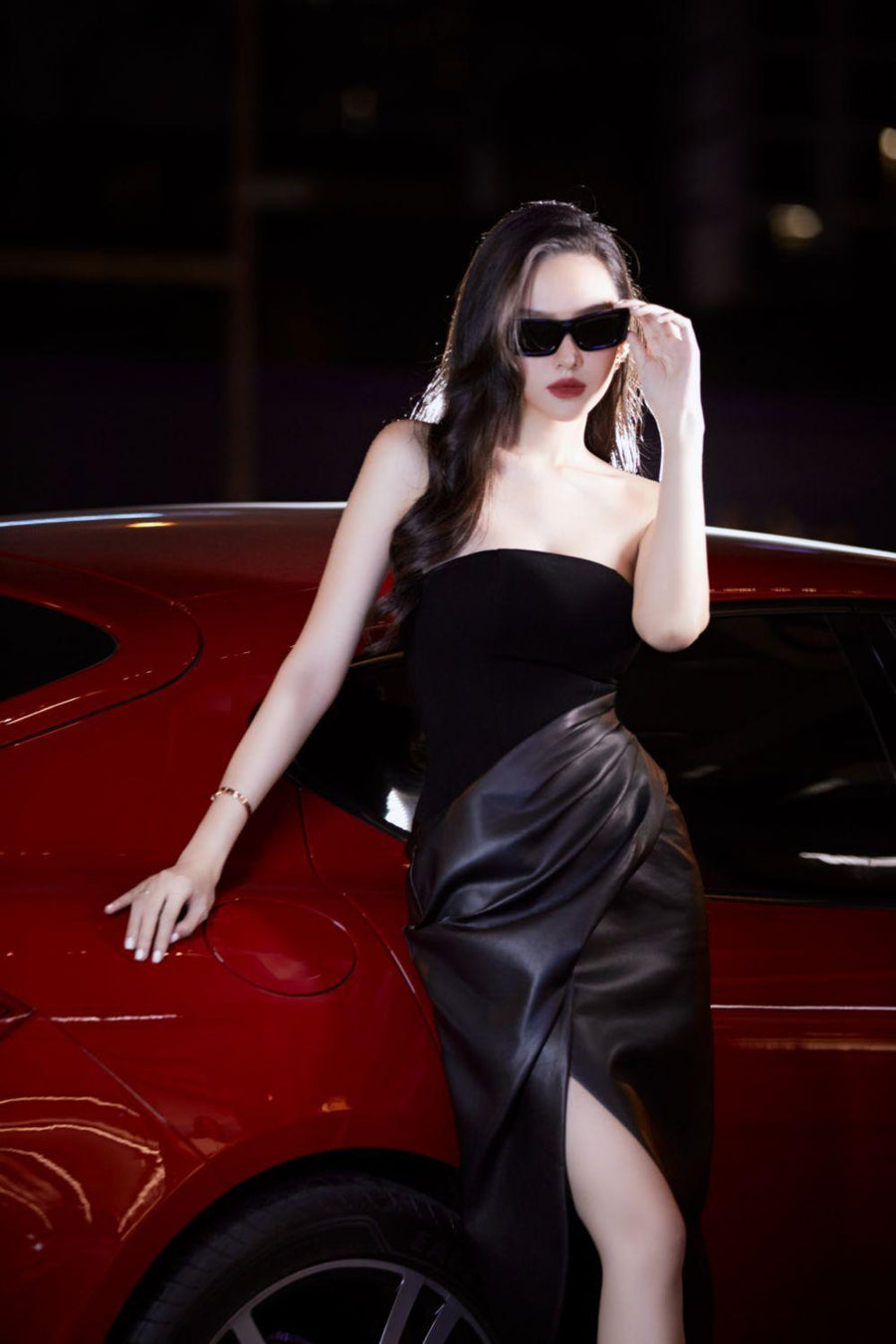 Lanim Slit Straight Across Neck Leather Calf Length Dress Midi Dress Darling Diva