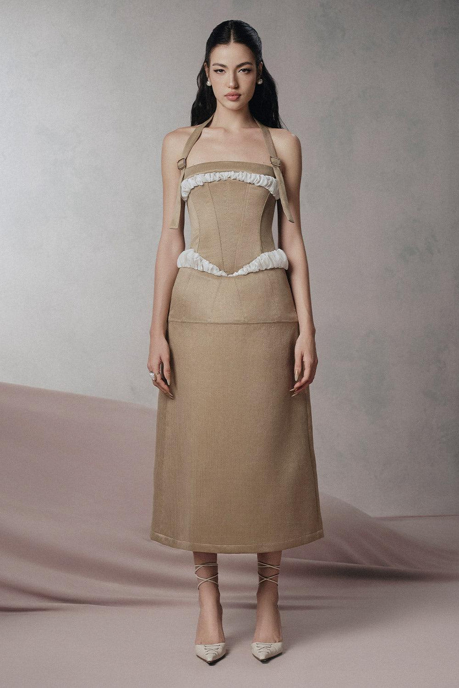 Lapin Drop Waist Halter Neck Taffeta Midi Dress Brown Beige Midi Dress LaLING