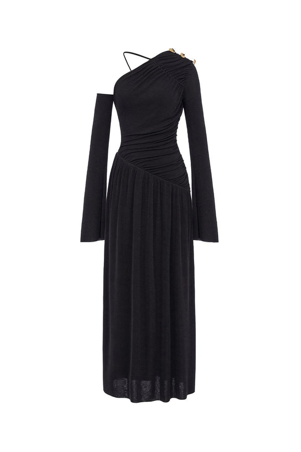 Lauren Gathered Asymmetric Shoulder Spandex Maxi Dress