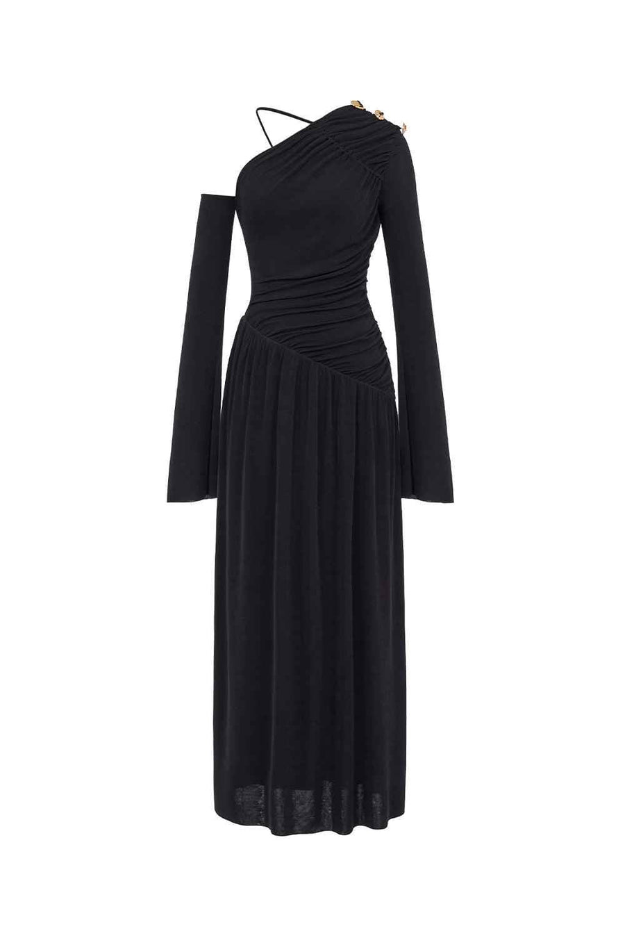Lauren Gathered Asymmetric Shoulder Spandex Maxi Dress Maxi Dress LaLING