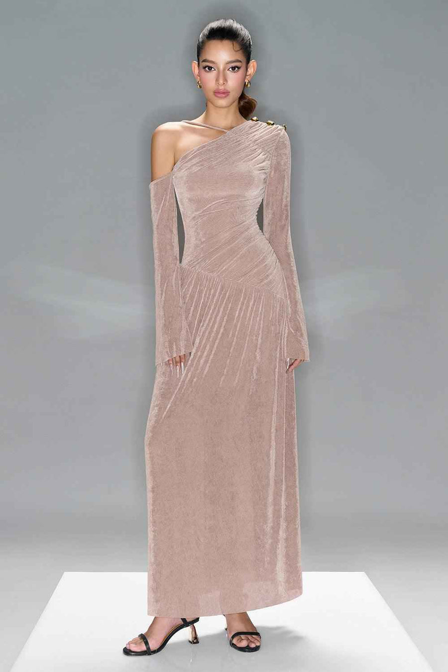 Lauren Gathered Asymmetric Shoulder Spandex Maxi Dress Maxi Dress LaLING