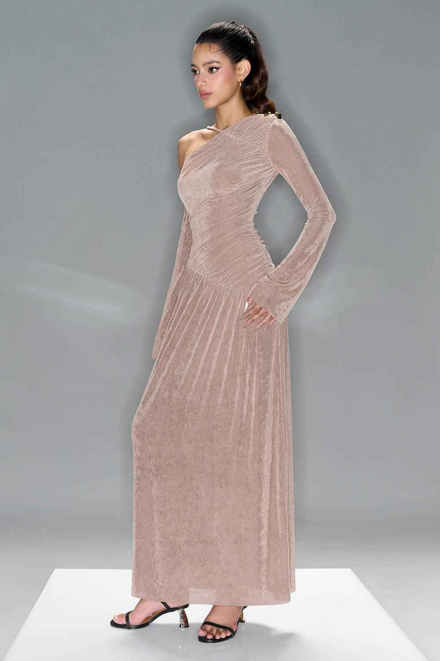 Lauren Gathered Asymmetric Shoulder Spandex Maxi Dress Beige Sand Maxi Dress LaLING