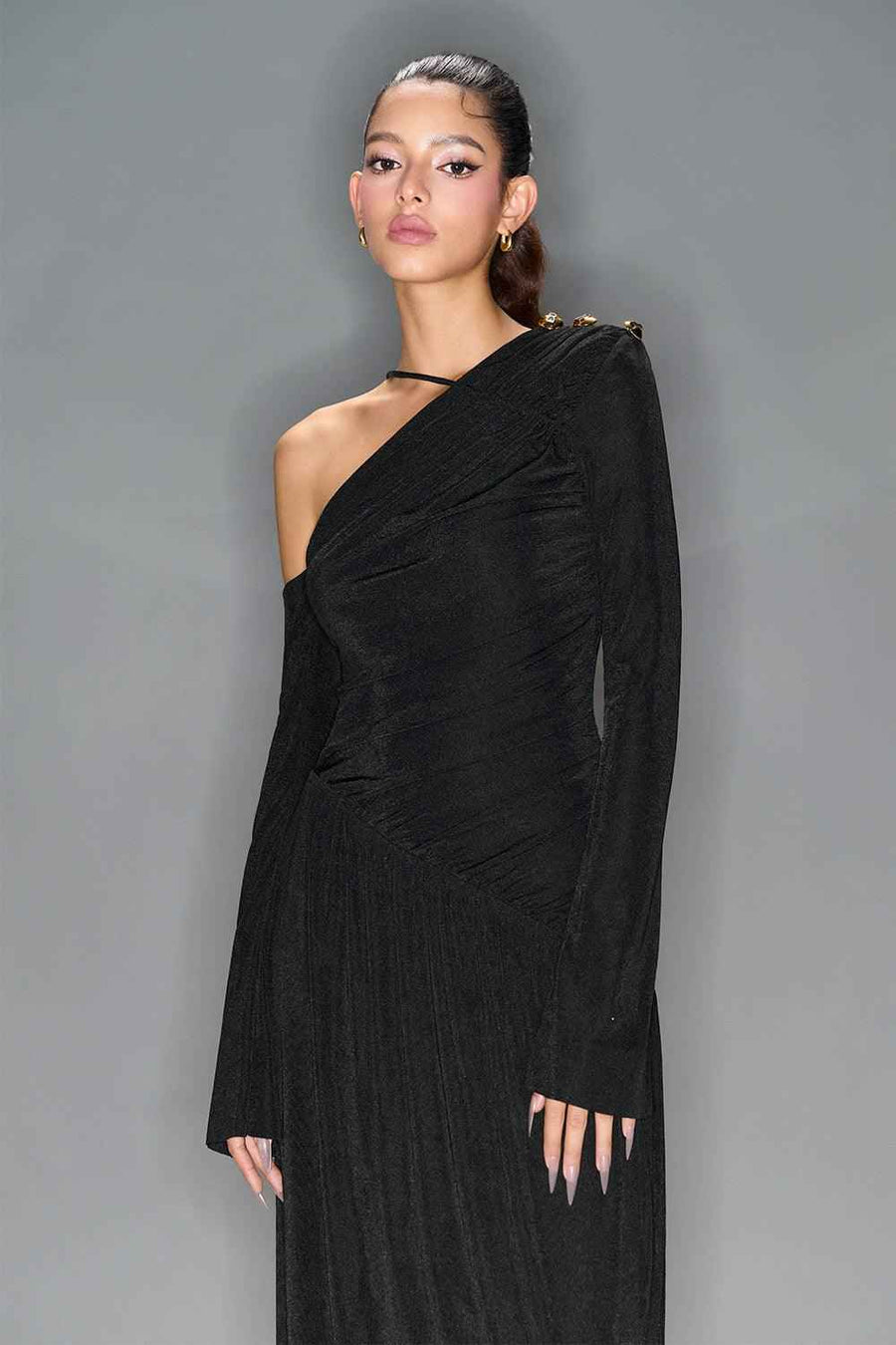 Lauren Gathered Asymmetric Shoulder Spandex Maxi Dress Maxi Dress LaLING