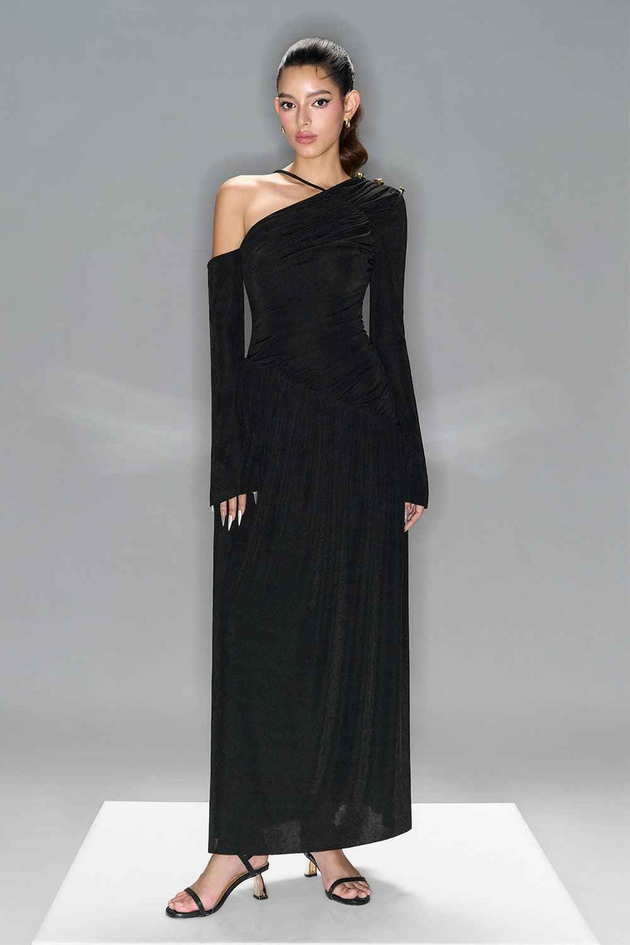Lauren Gathered Asymmetric Shoulder Spandex Maxi Dress Maxi Dress LaLING