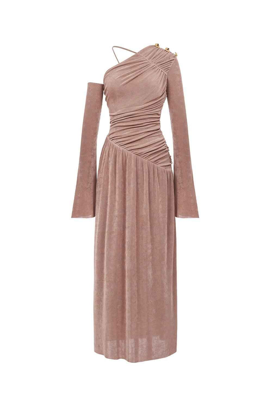Lauren Gathered Asymmetric Shoulder Spandex Maxi Dress Maxi Dress LaLING