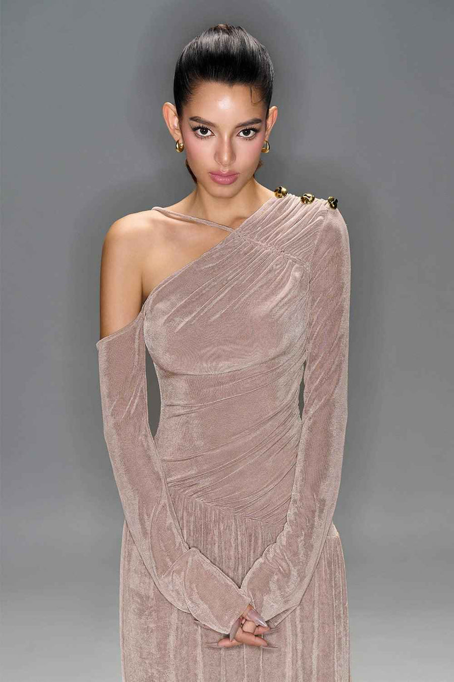 Lauren Gathered Asymmetric Shoulder Spandex Maxi Dress Maxi Dress LaLING