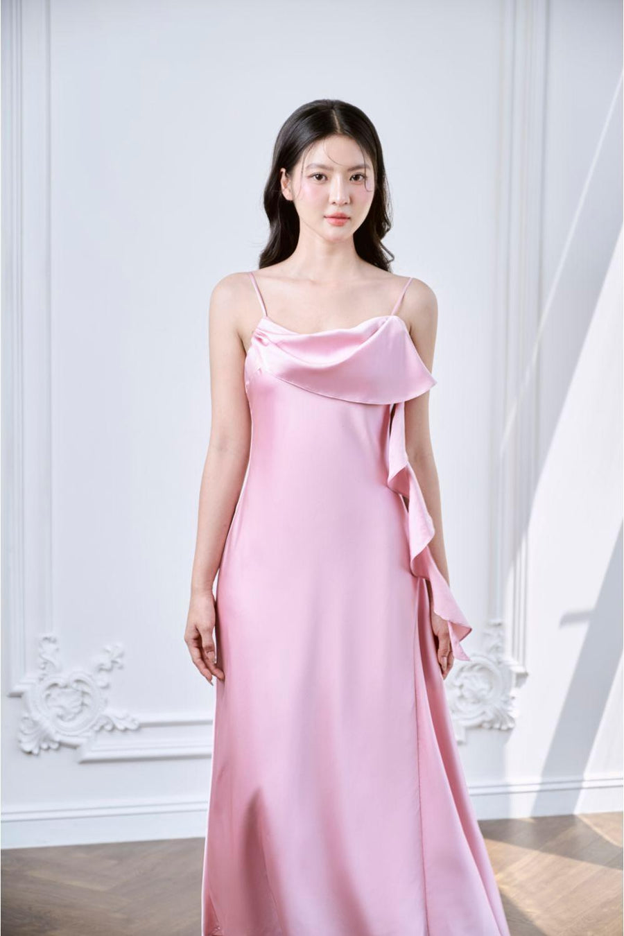 Lavena Slip Extended Flap Silk Midi Dress Pink Midi Dress Larmes