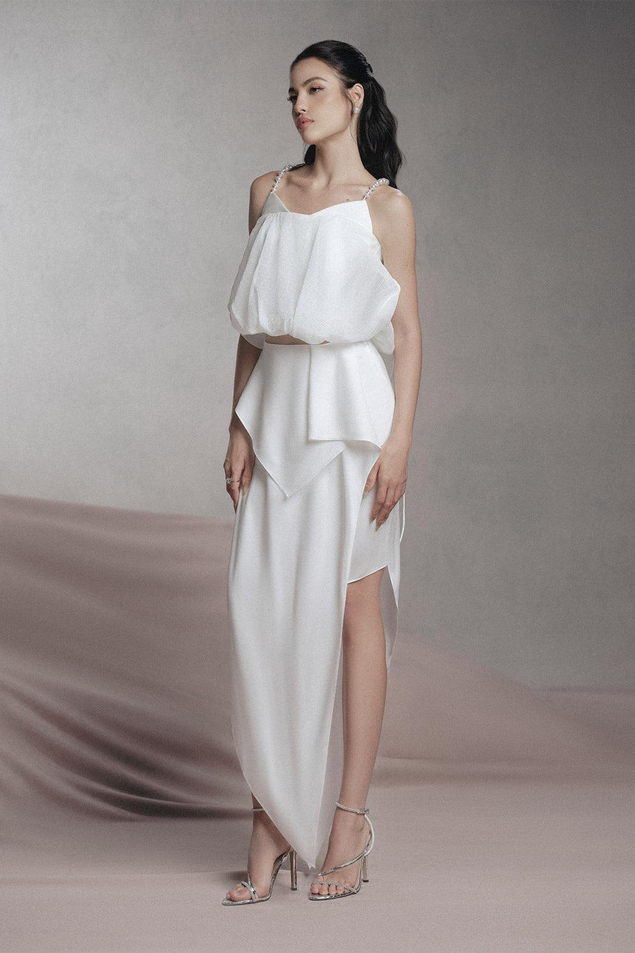 Lavie Asymmetric Layered Silk Ankle Length Skirt White Skirt LaLING