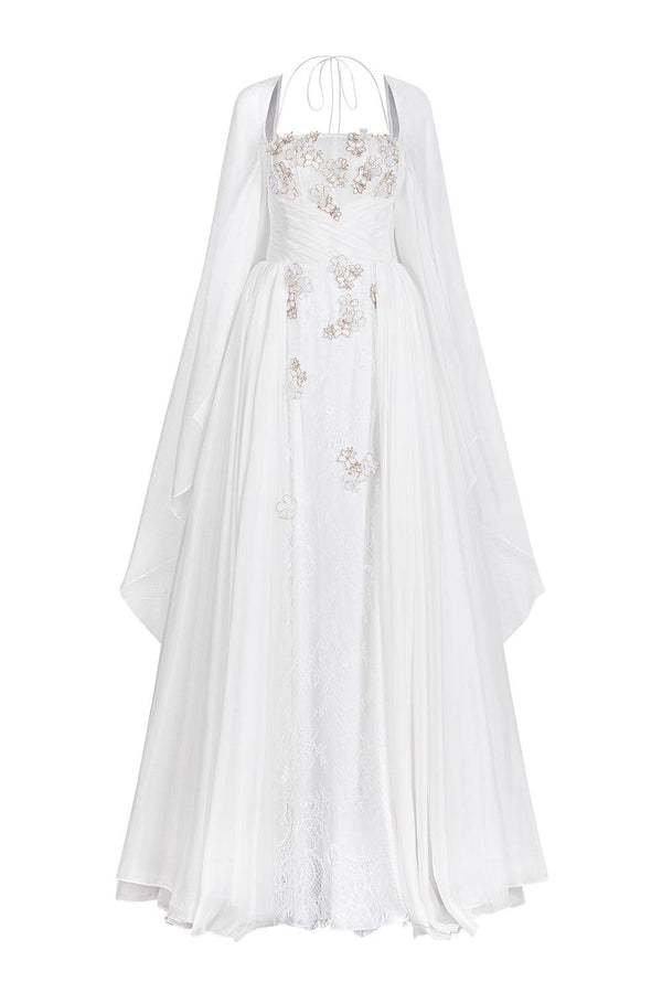 Le Blanc A-line Cape Sleeved Chiffon Maxi Dress