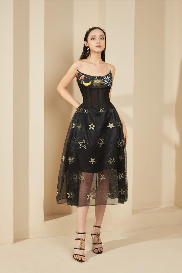 LeBlanc Strapless Corset Waist Mesh Sheer Midi Dress 1