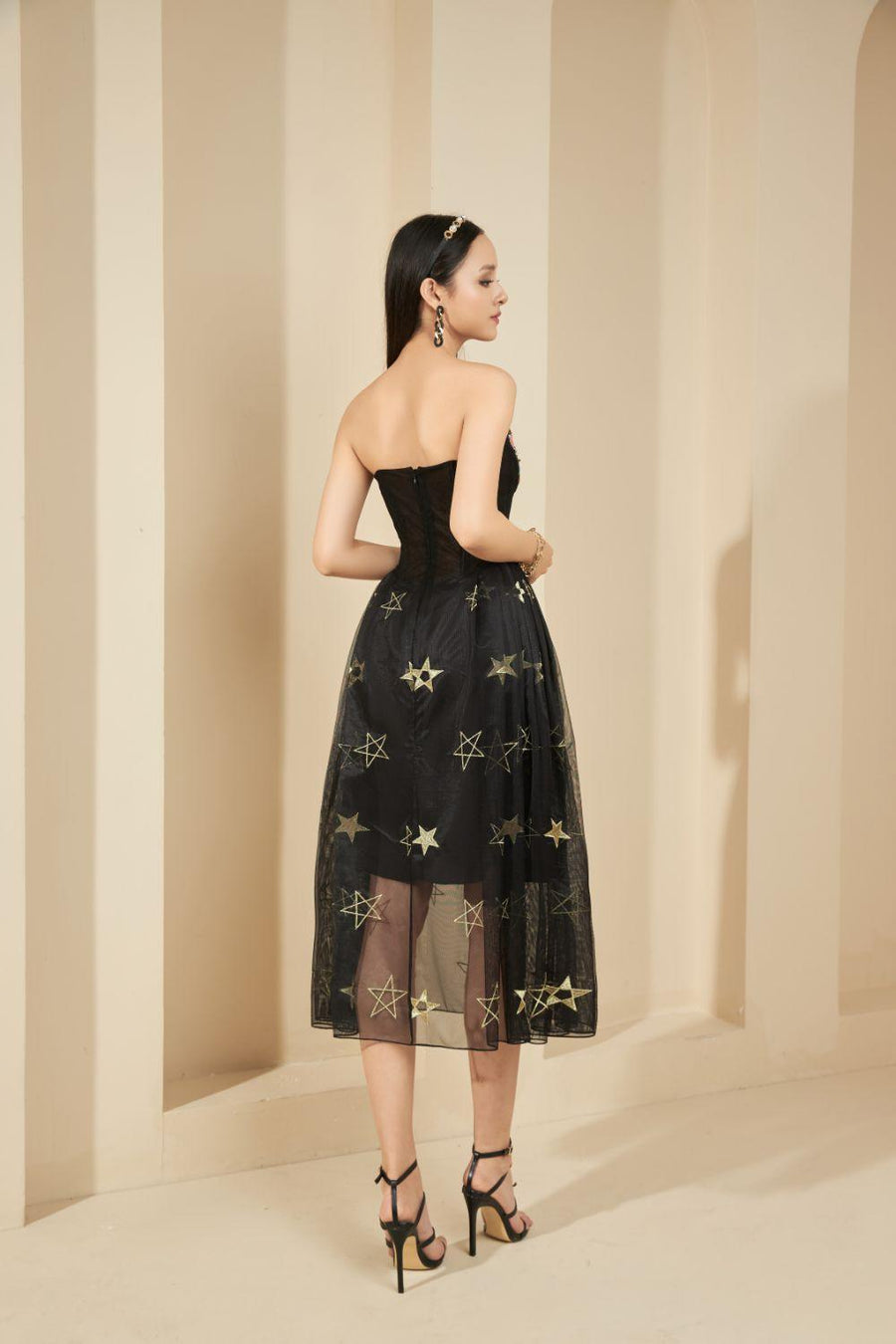 LeBlanc Strapless Corset Waist Mesh Sheer Midi Dress 5
