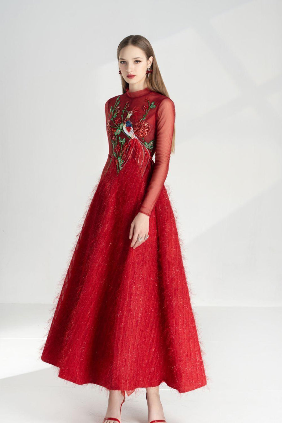 Lena A-line Flower Applique Silk Ankle Length Dress 6