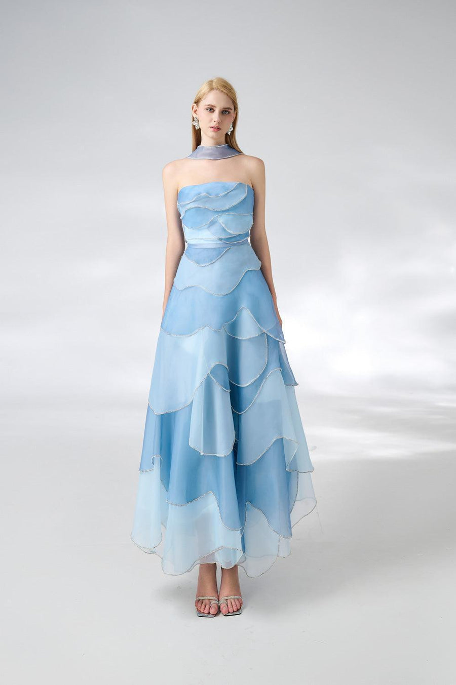 Leonard Layered Straight Across Neck Organza Ankle Length Dress 10