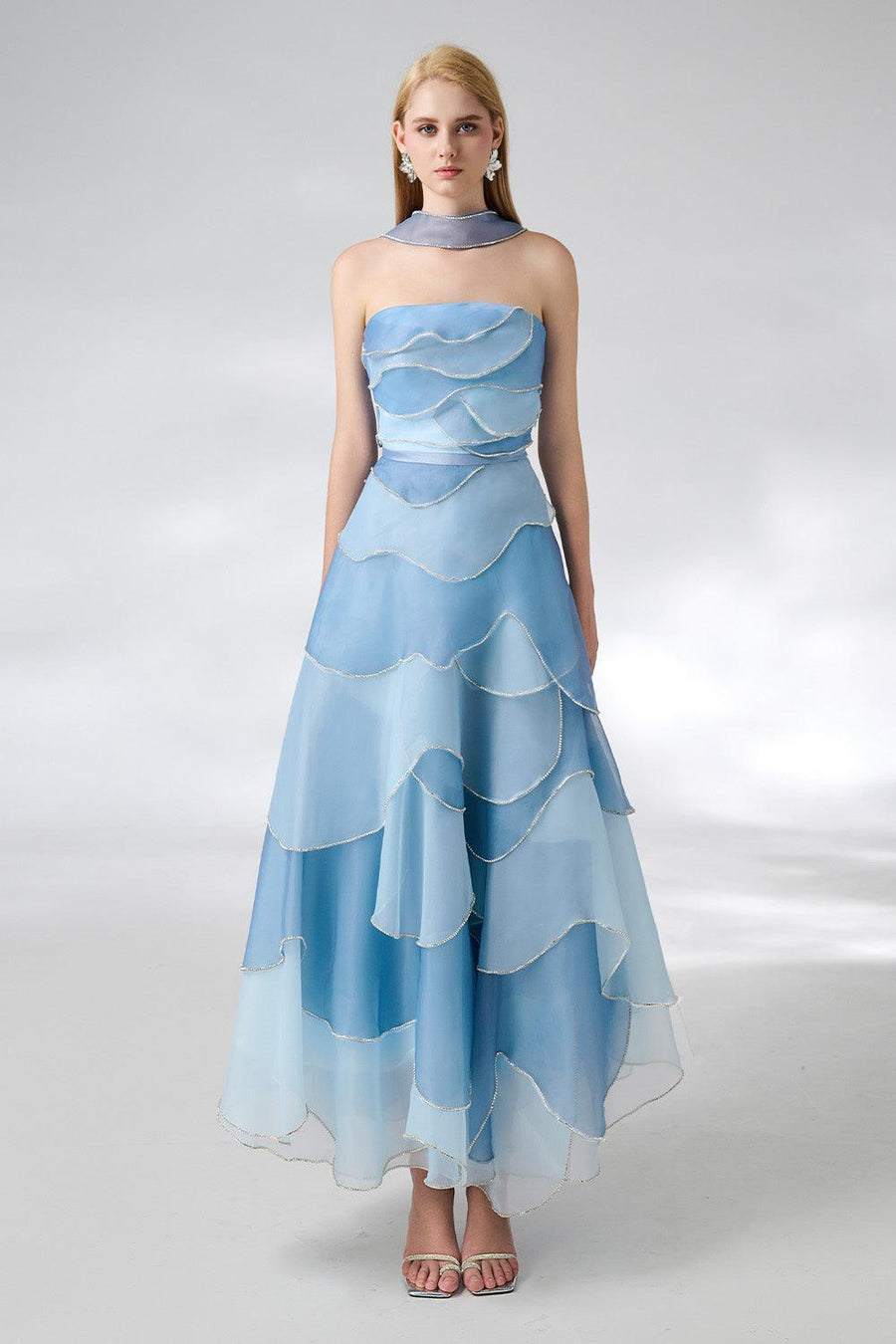 Leonard Layered Straight Across Neck Organza Ankle Length Dress 11
