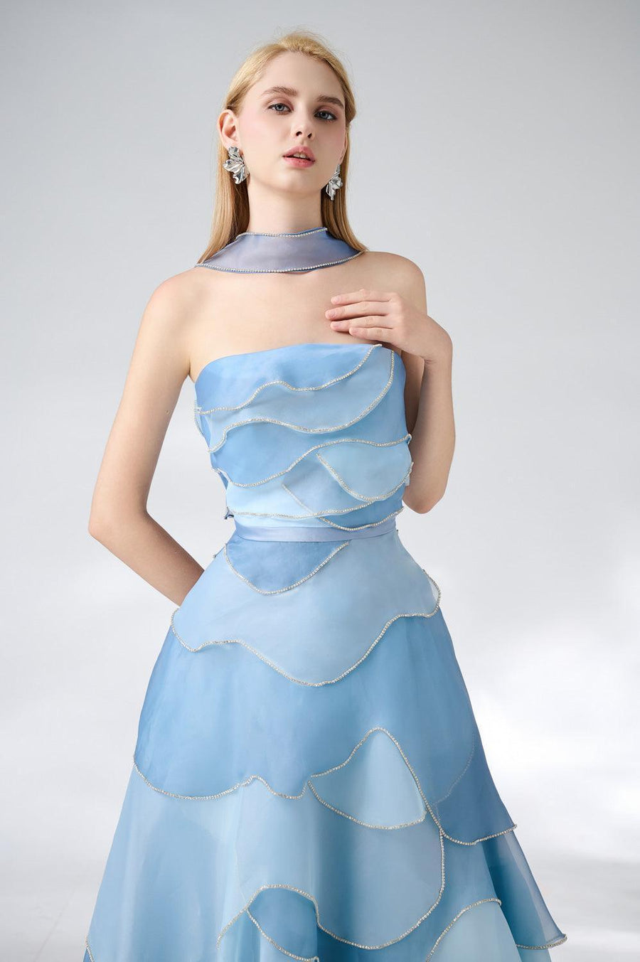 Leonard Layered Straight Across Neck Organza Ankle Length Dress 2