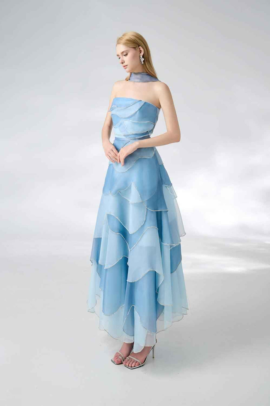 Leonard Layered Straight Across Neck Organza Ankle Length Dress