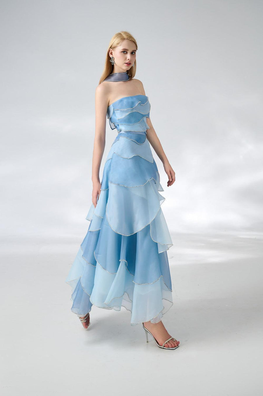 Leonard Layered Straight Across Neck Organza Ankle Length Dress 7