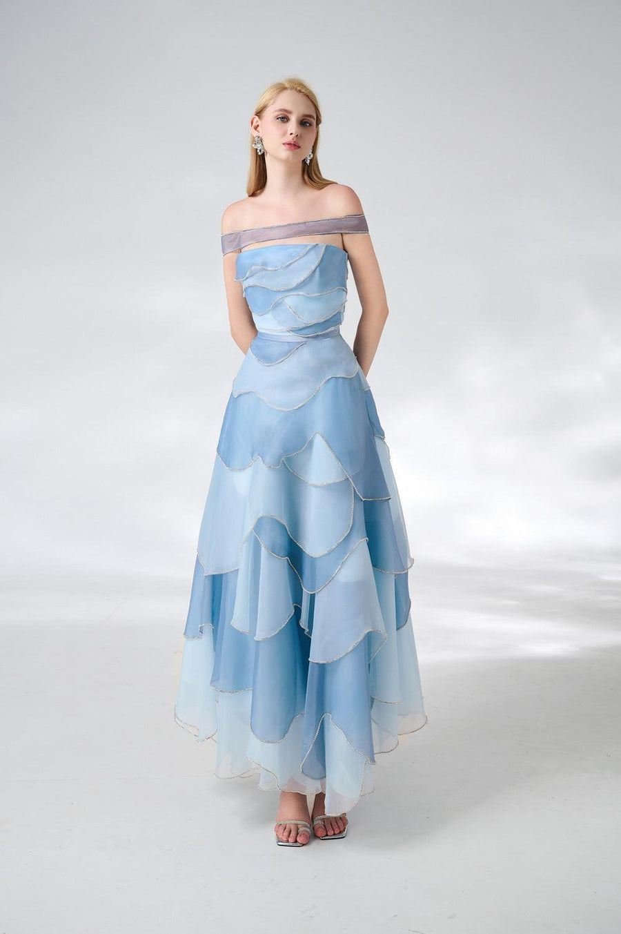 Leonard Layered Straight Across Neck Organza Ankle Length Dress 8