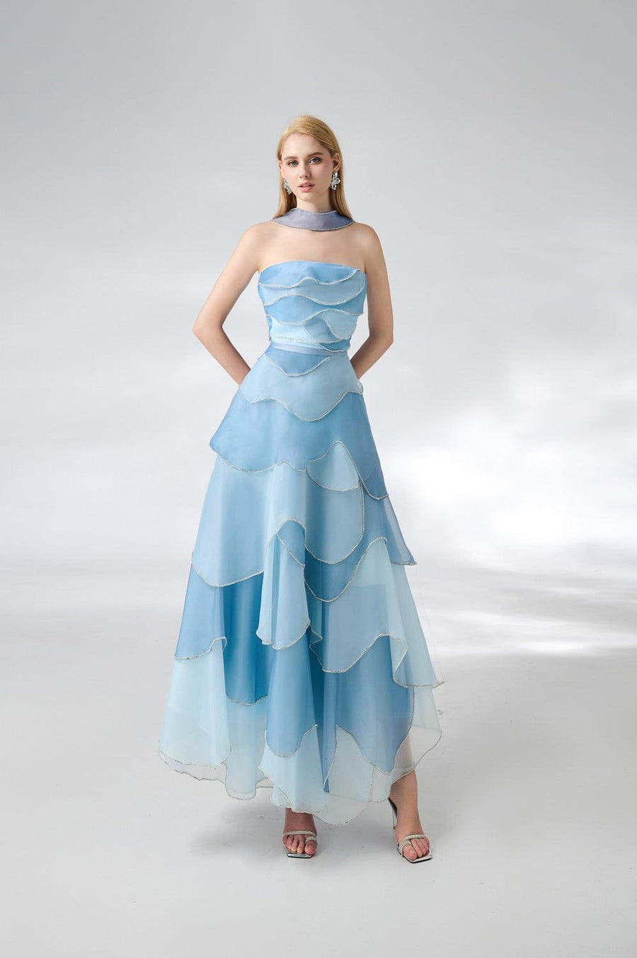 Leonard Layered Straight Across Neck Organza Ankle Length Dress 9