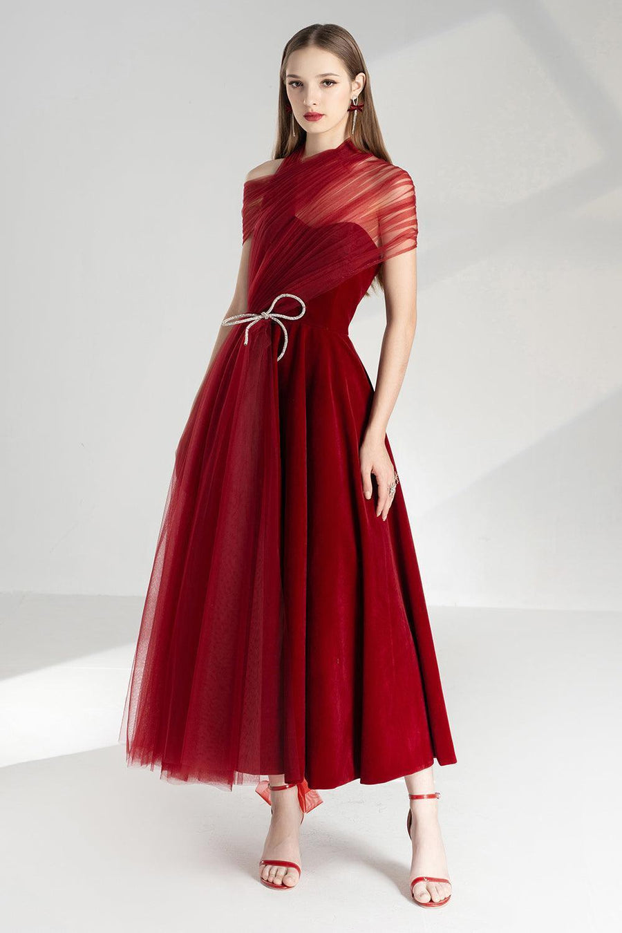 Leslie Fit and Flare Crossover Mesh Taffeta Maxi Dress 1