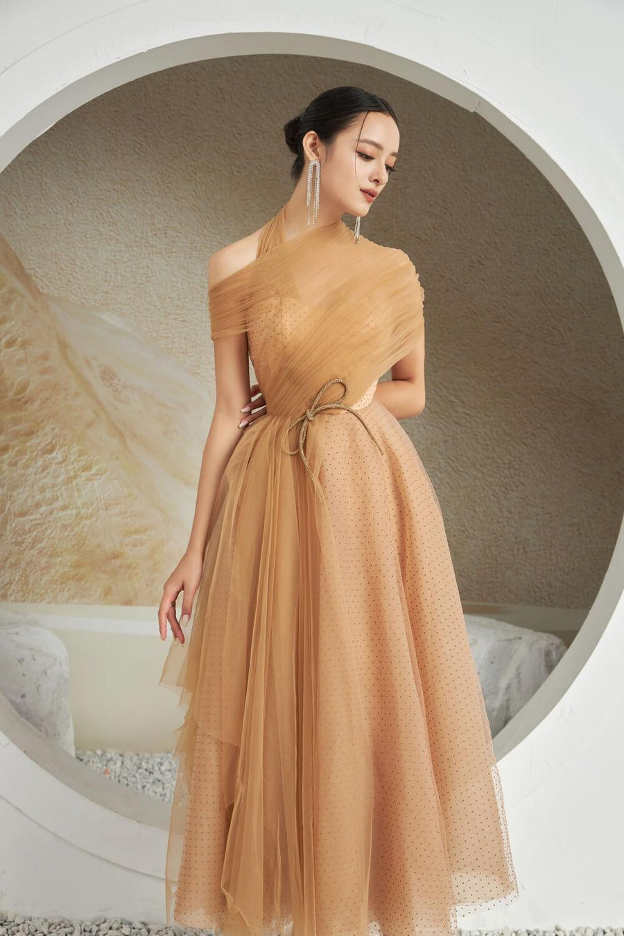 Leslie Fit and Flare Crossover Mesh Taffeta Maxi Dress 10