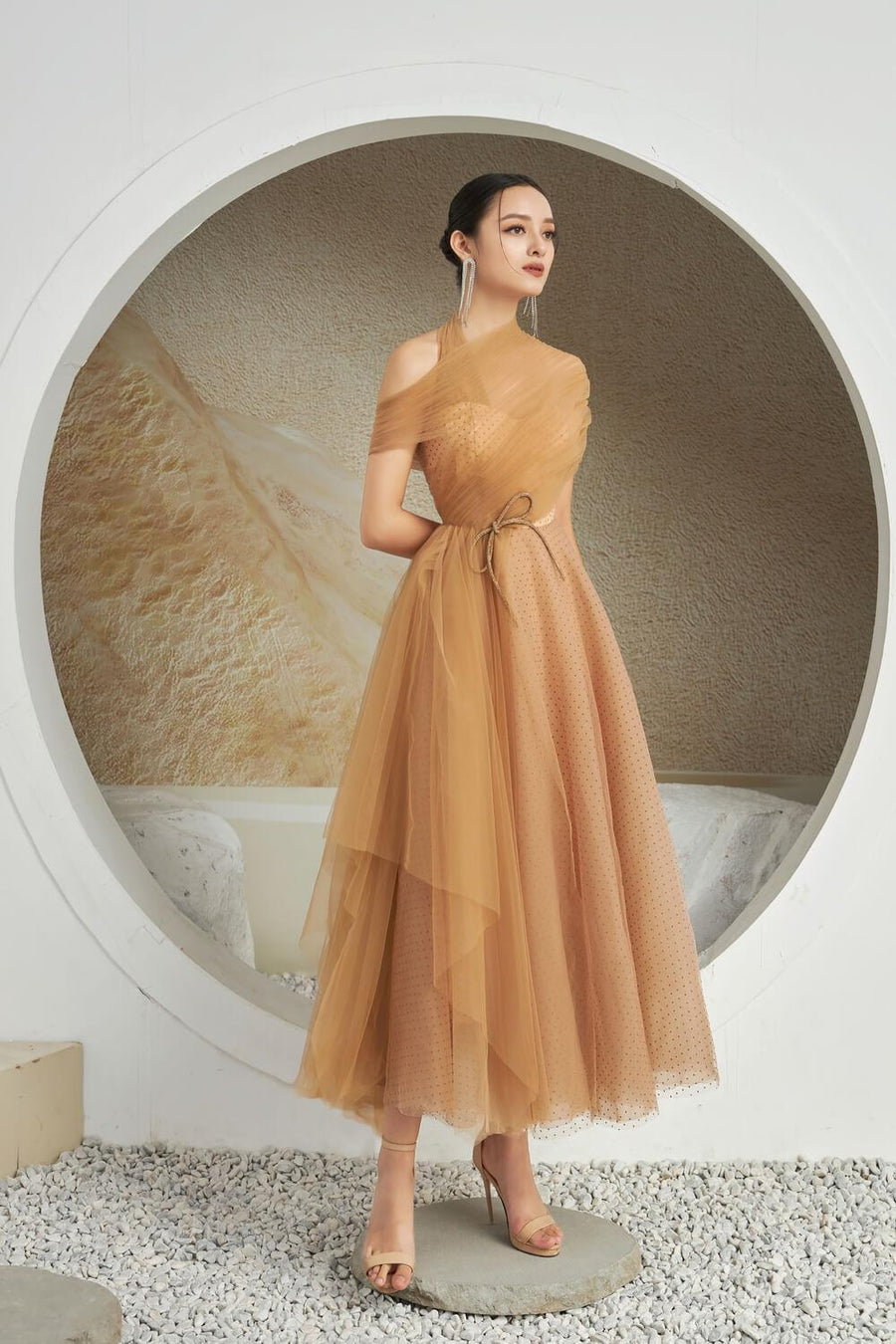 Leslie Fit and Flare Crossover Mesh Taffeta Maxi Dress 11