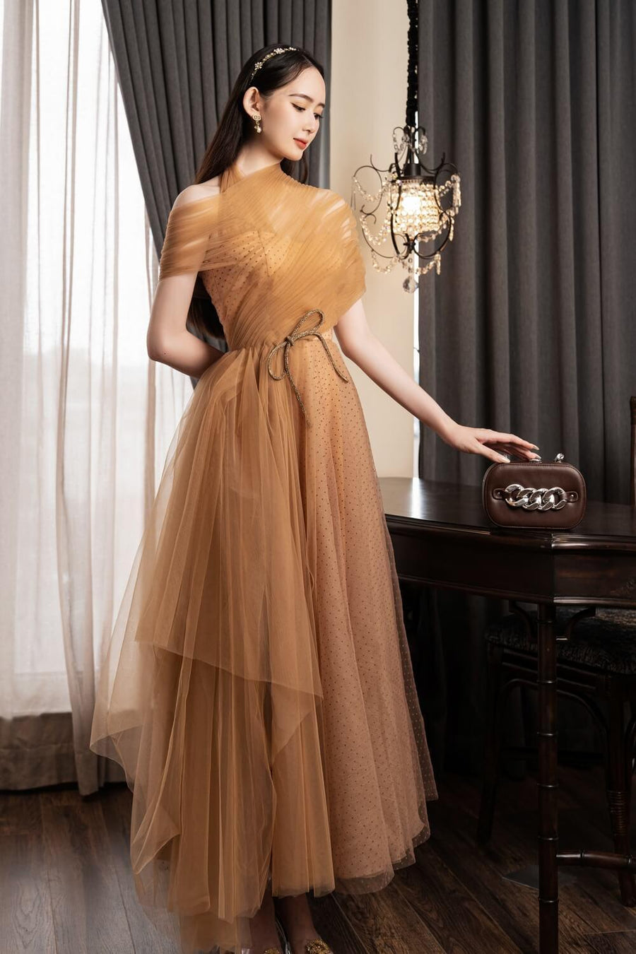 Leslie Fit and Flare Crossover Mesh Taffeta Maxi Dress 12