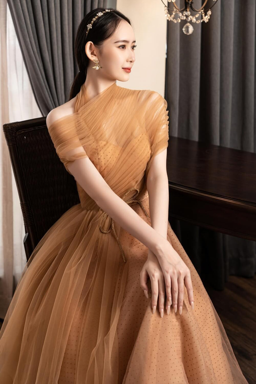 Leslie Fit and Flare Crossover Mesh Taffeta Maxi Dress 15