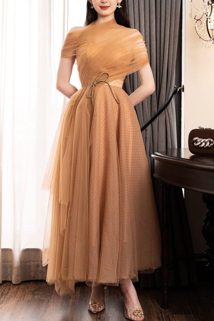 Leslie Fit and Flare Crossover Mesh Taffeta Maxi Dress 18
