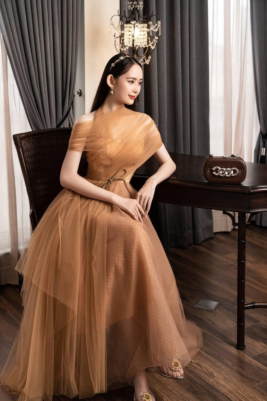 Leslie Fit and Flare Crossover Mesh Taffeta Maxi Dress 19