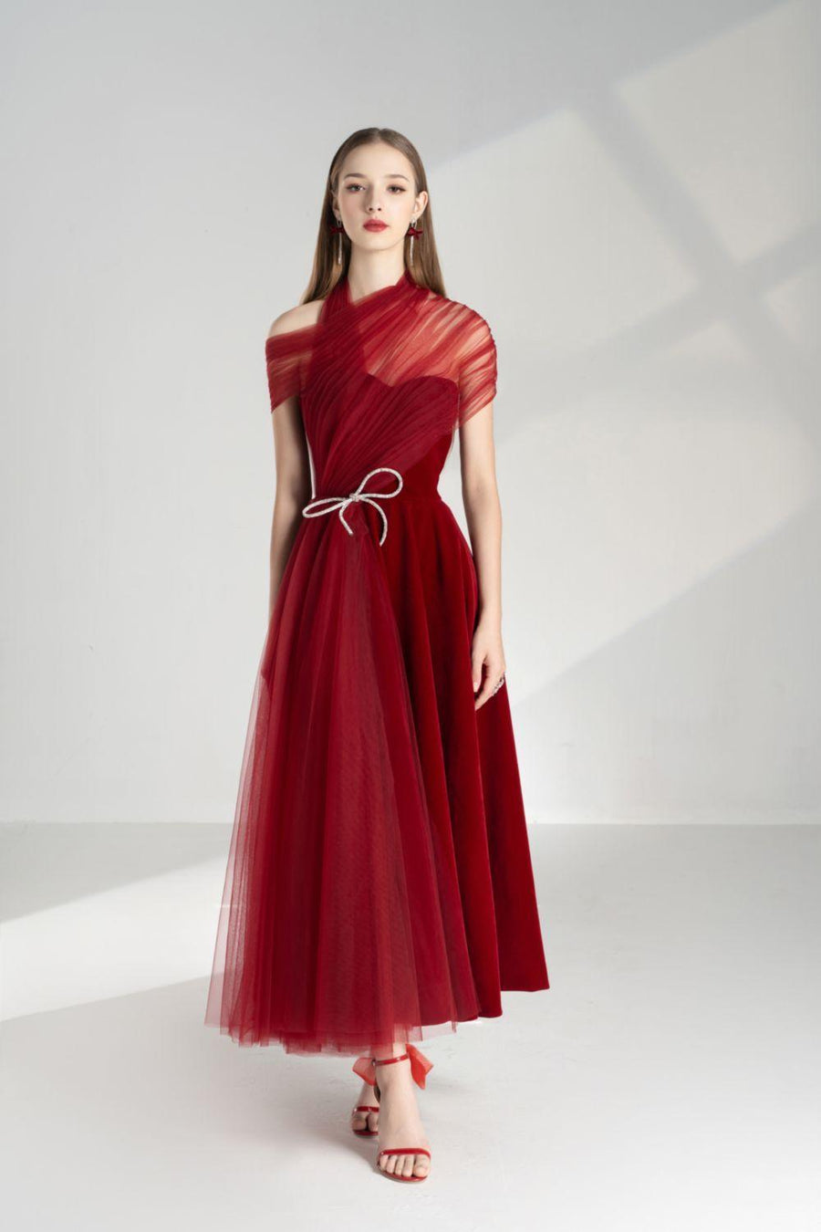 Leslie Fit and Flare Crossover Mesh Taffeta Maxi Dress 2