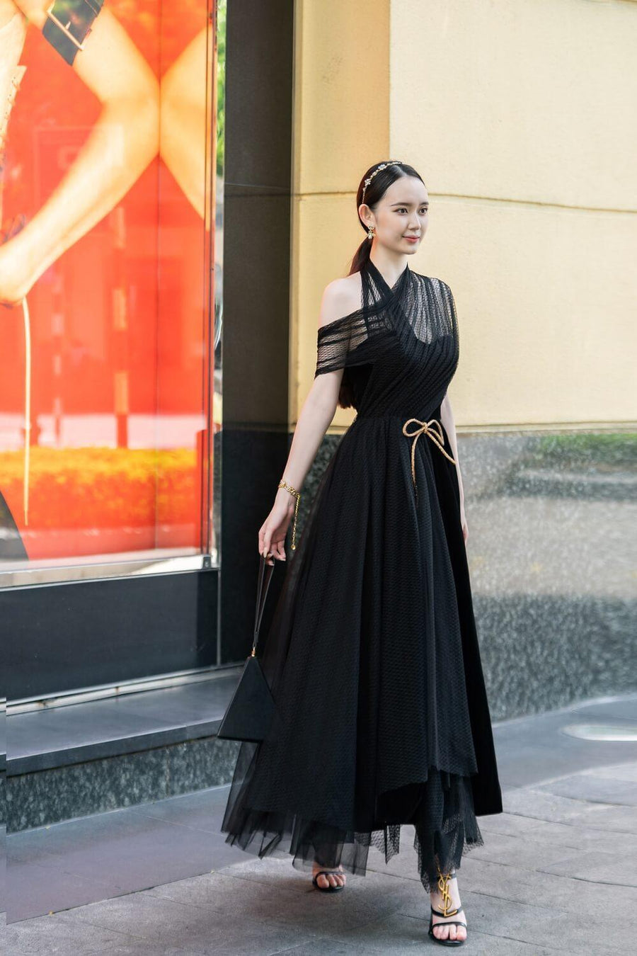 Leslie Fit and Flare Crossover Mesh Taffeta Maxi Dress 20