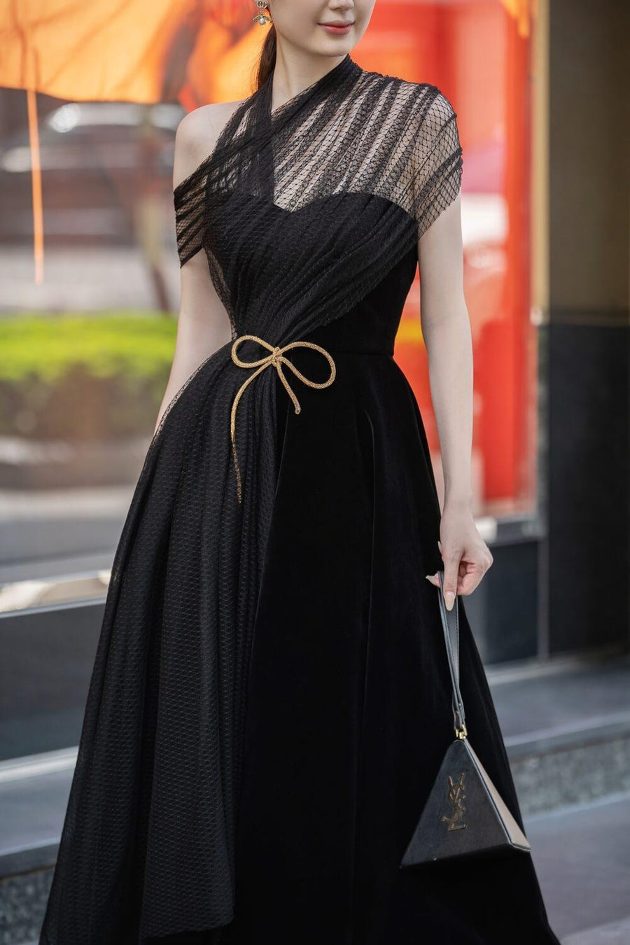 Leslie Fit and Flare Crossover Mesh Taffeta Maxi Dress 21