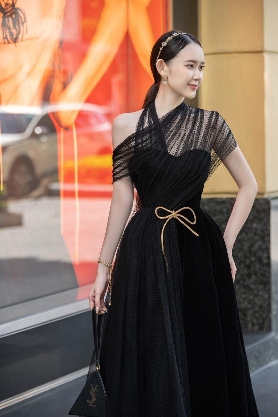 Leslie Fit and Flare Crossover Mesh Taffeta Maxi Dress 22