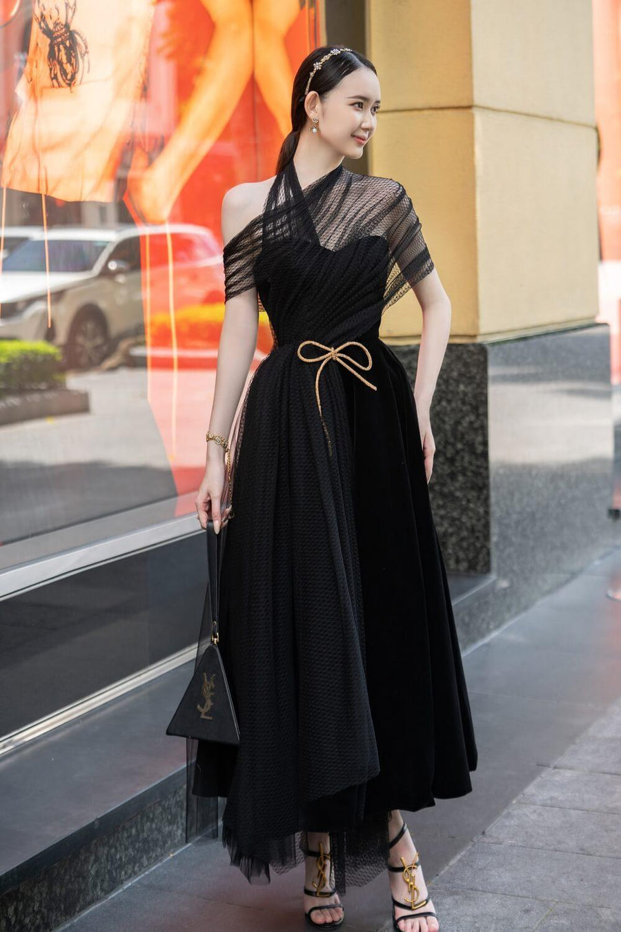 Leslie Fit and Flare Crossover Mesh Taffeta Maxi Dress 23