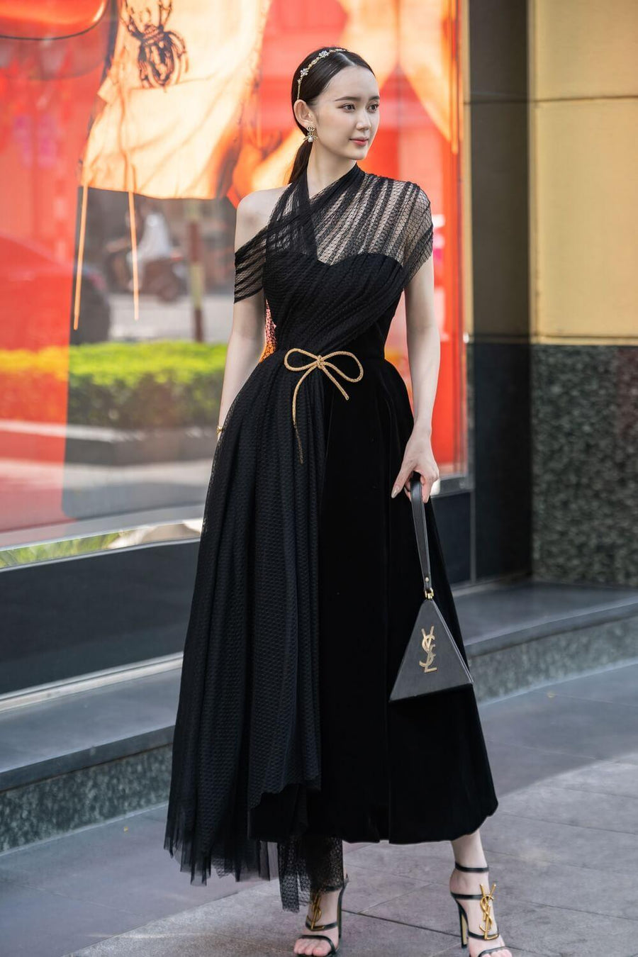 Leslie Fit and Flare Crossover Mesh Taffeta Maxi Dress 24